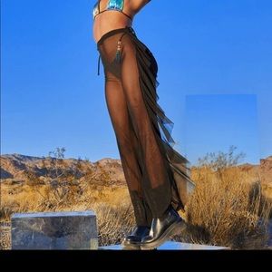 Sheer fringe mesh high-rise pants